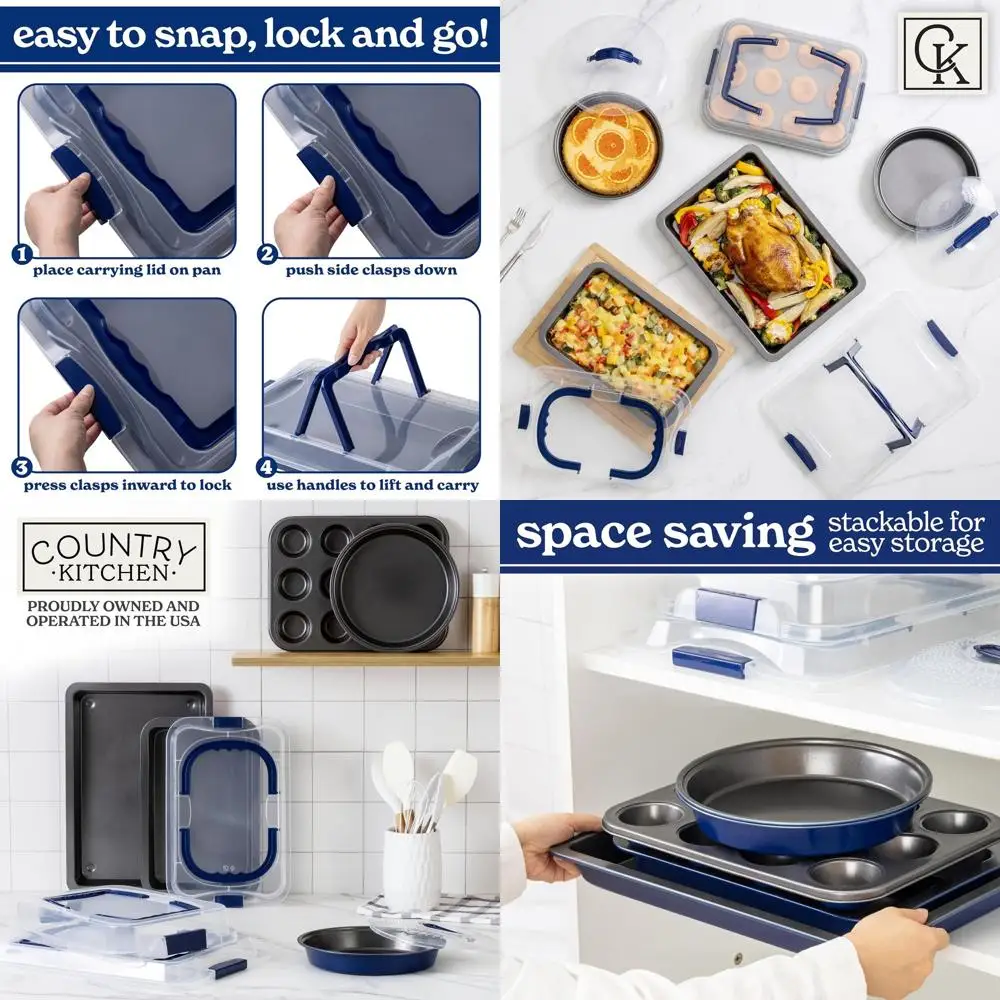 

10-Piece Non-Stick Baking Set with Lids for Easy Storage and Travel, Ideal for Parties, Stackable, Navy
