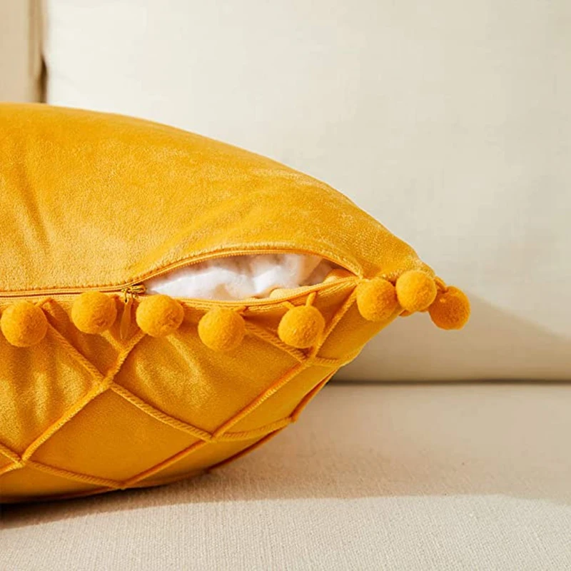 1PC Cream Gold Velvet Diamond Pattern Cushion Cover 30x50cm/45x45cm Decorative Throw Pillow Case with Pompom for Home Decor