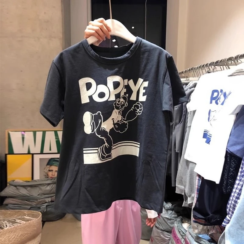 Primavera/Verano 2026 Camiseta de manga corta de algodón puro, holgada, de cuello redondo, con estampado de Popeye, para hombre, capa base de moda.