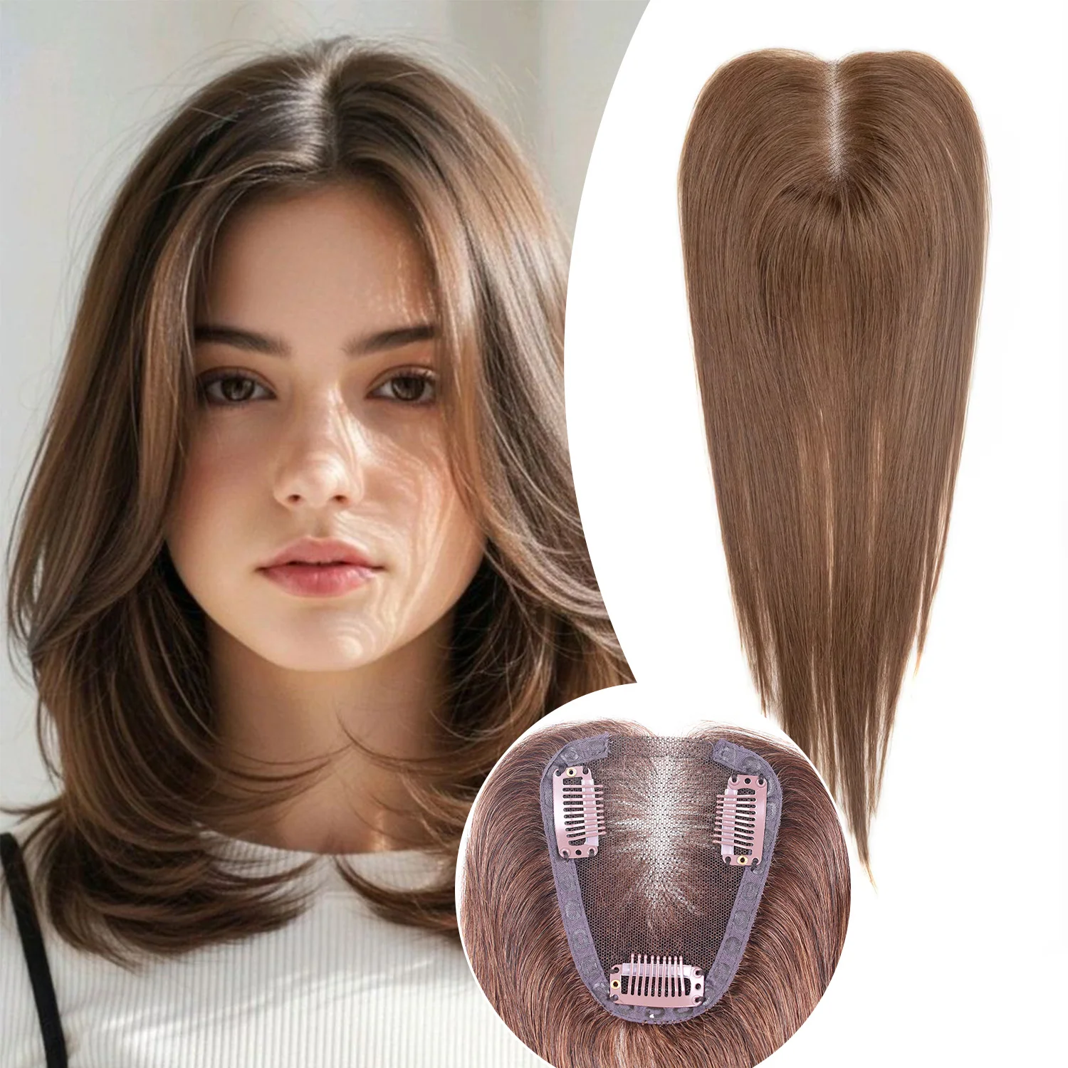 

Накладки для волос из 100% натуральных человеческих волос с коричневыми прядями, с центральным пробором, для женщин, на кружевной основе, на заколках, натуральные