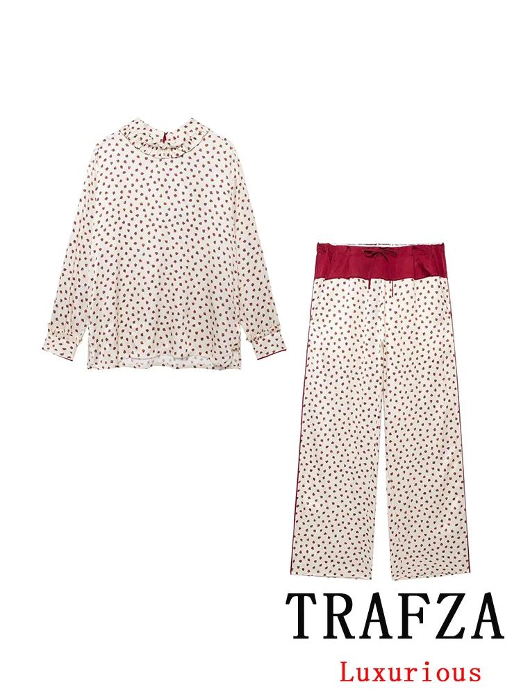 

TRAFZA Sweet Casual Chic Women Suit Strawberry Print Long Sleeve Top Wide Leg Pants New Fashion 2025 Autumn Homewear Holiday Set