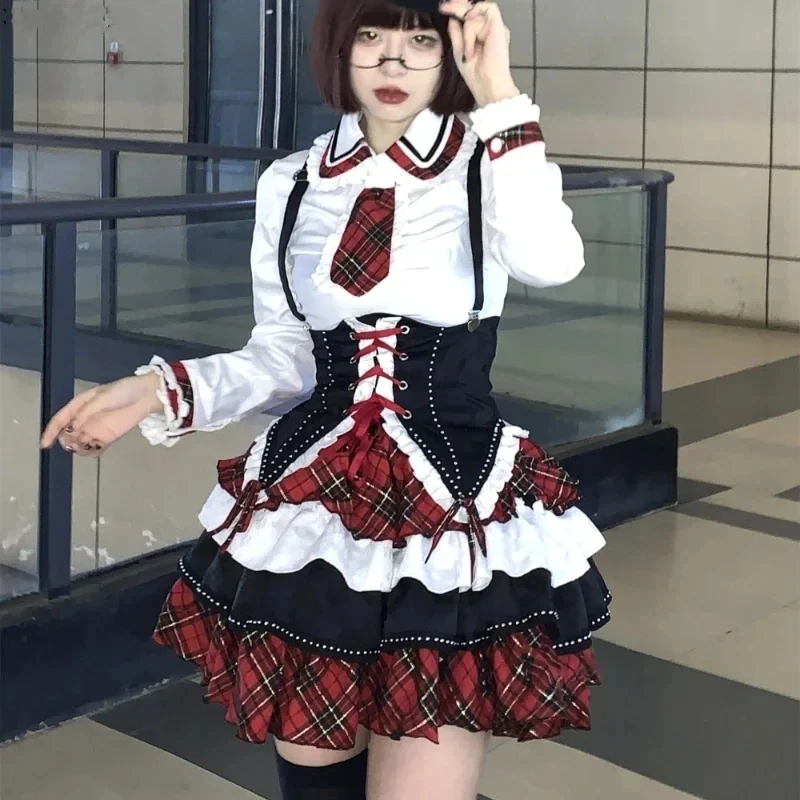 Victorian Gothic Lolita Waist Dress Set Women Punk Style Y2k Plaid Tie Bandage Princess Dress Harajuku Fashion Evening Dress