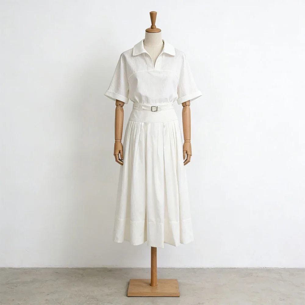 

Retro Elegant 2 Piece Set Women White Short Sleeve V Neck Shirt and High Waist Pleated Maxi Skirt Sets Formal Party Gown