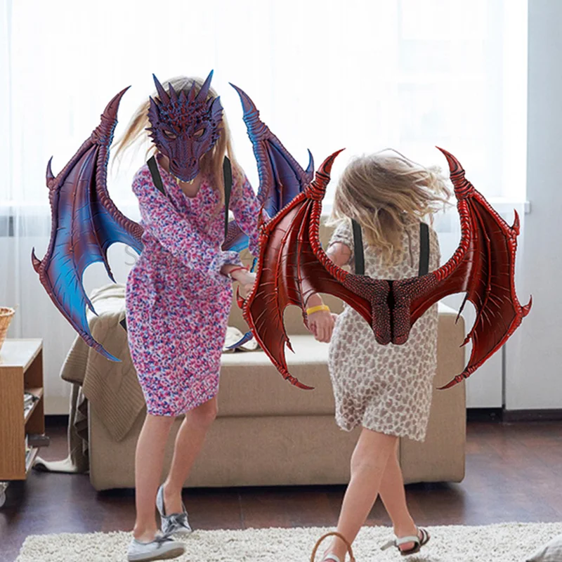 Boys Girls Dragon Costume Set Red Blue Devil Dragon Wings Demon Tail Dino Mask Costume for Children Halloween Cosplay Props