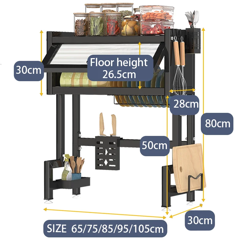 

Three-tier kitchen storage organizer over sink, covered drying drain rack