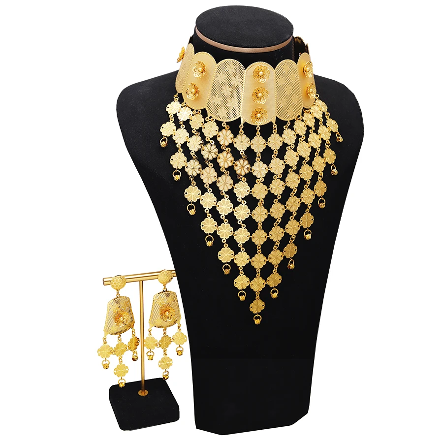 

2PCS/Set Dubai European and American Flower Earrings Necklace Set Middle Eastern Women's Jewelry Wedding Jewelry