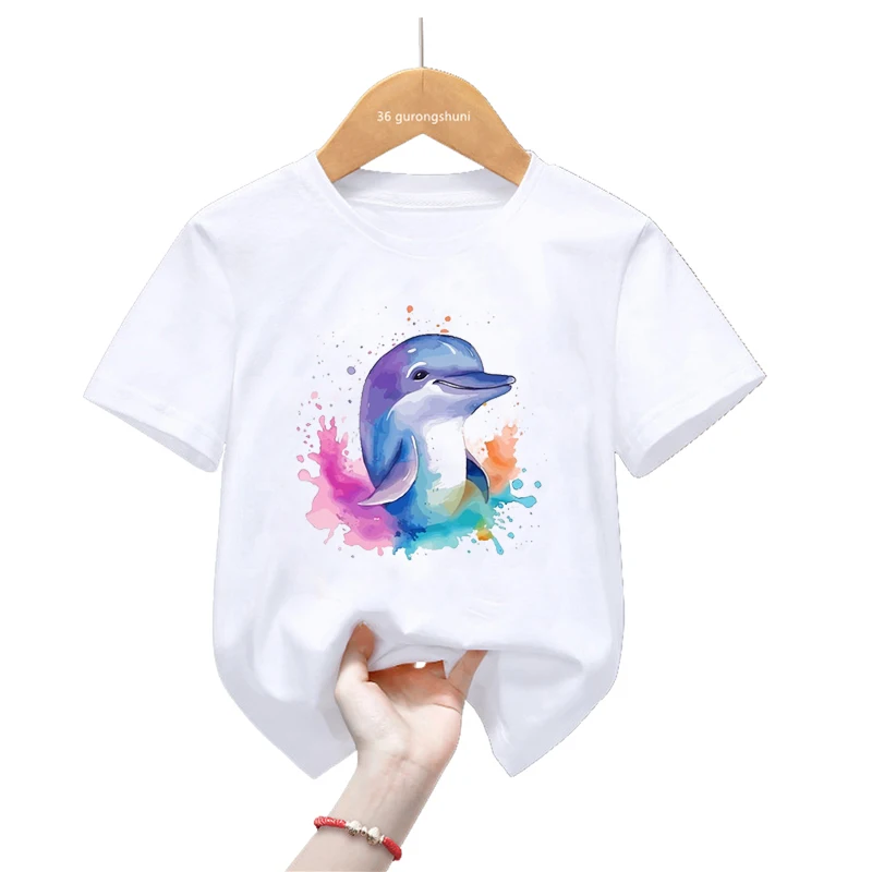 Cute Watercolor Dolphin Love Printed Tshirt Girls/Boys Harajuku Kawaii Kids Clothes Summer Fashion Short Sleeve T-Shirt