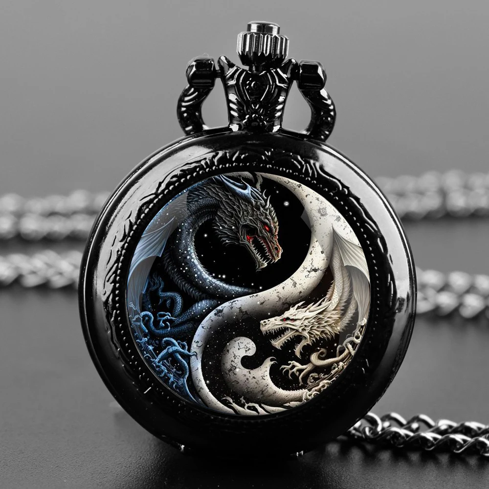 

Yin-Yang Dragon Design Glass Dome Fashion Arabic Numerals Quartz Pocket Watch Necklace Pendant Chain Mens Women Gifts