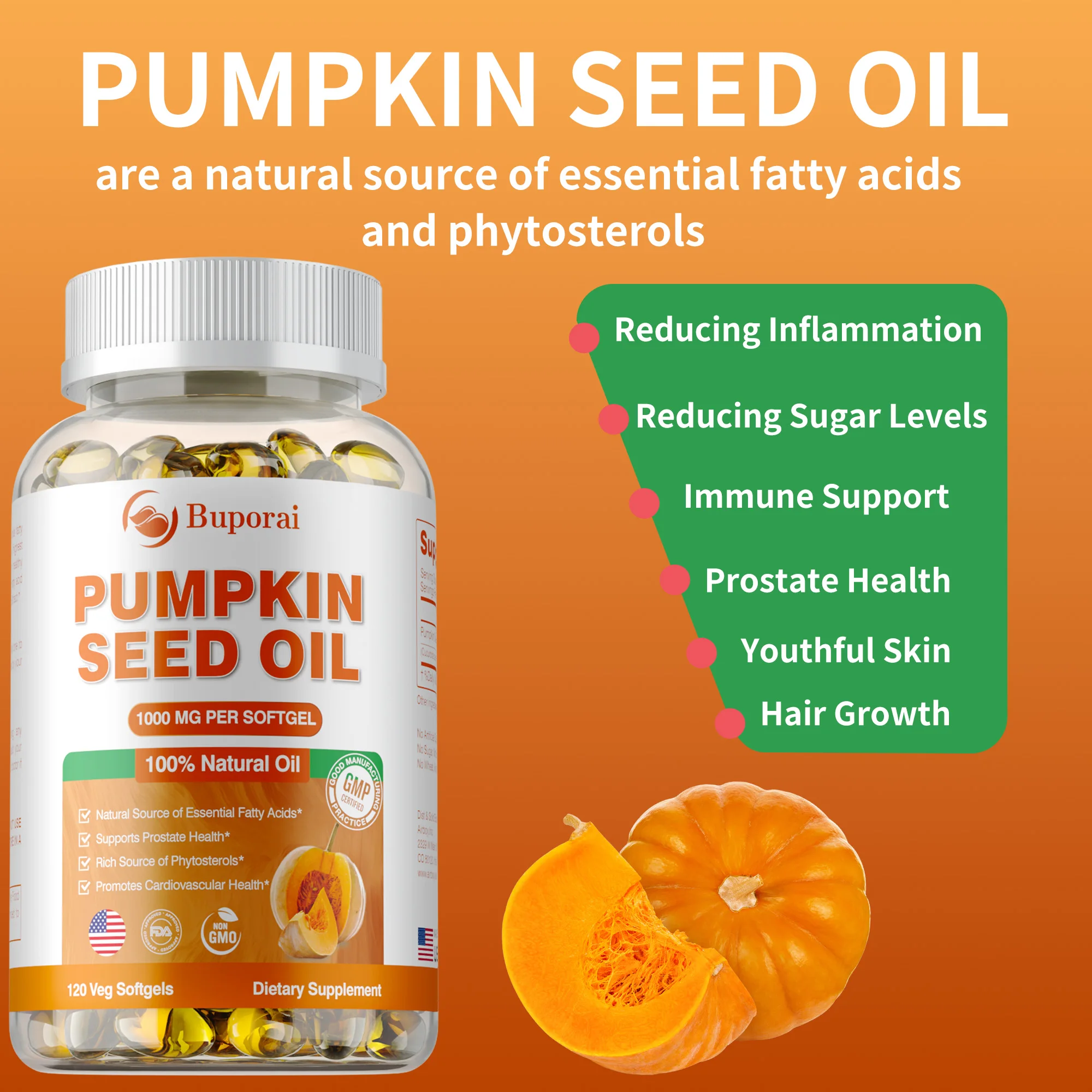 كبسولات زيت بذور اليقطين - تدعم البروستاتا والمثانة وصحة المسالك البولية وتعزز نمو الشعر - 120 كبسولة