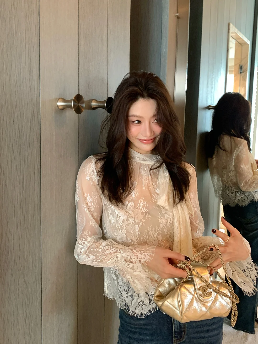 

Женский винтажный кружевной топ Dragon Joy с высоким воротником, полупрозрачный, с французскими длинными рукавами и узлом