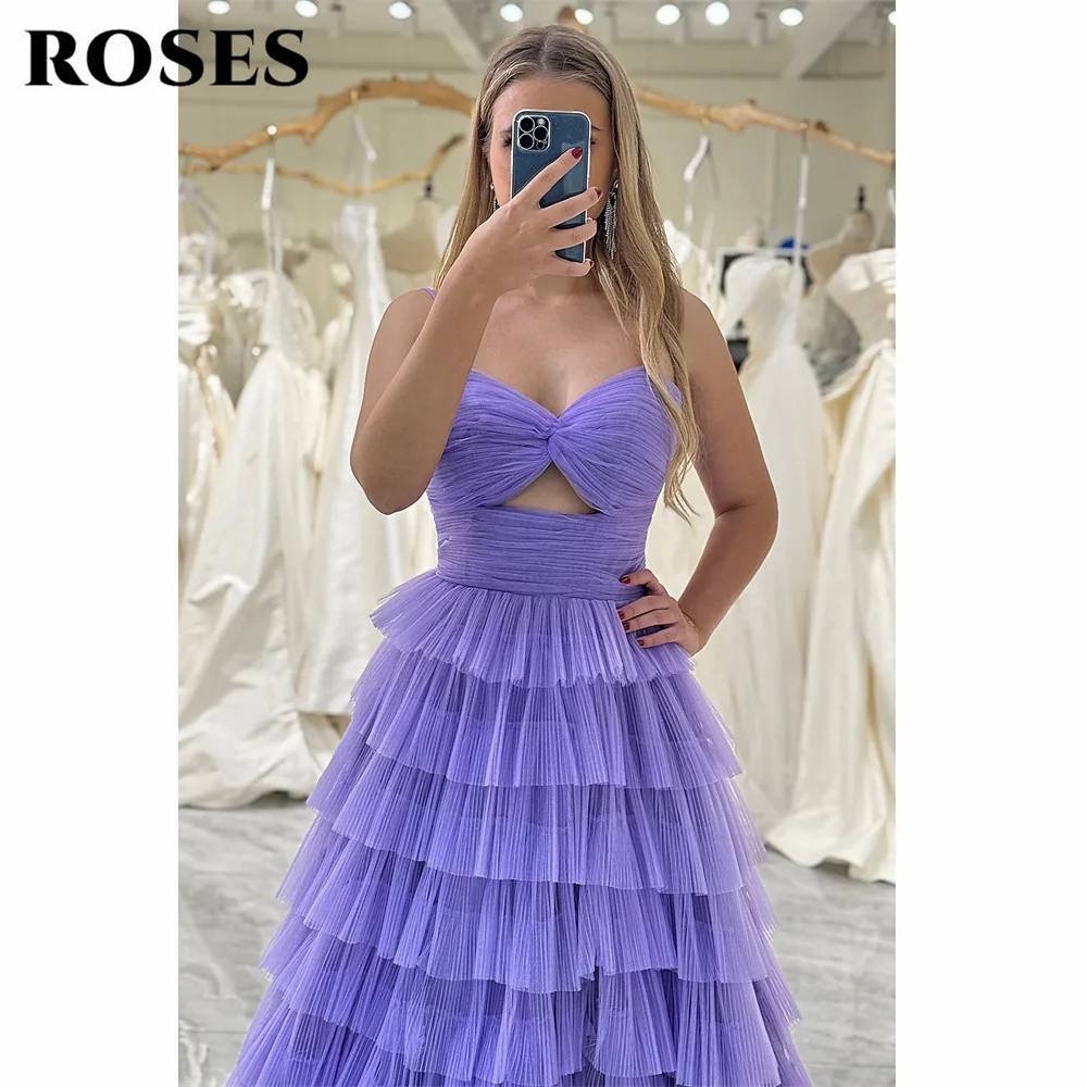 ROSES-Backless Tulle Party Dress, Spaghetti Straps, Split Side, Vestidos de noite roxo, Querida Layered Bolo