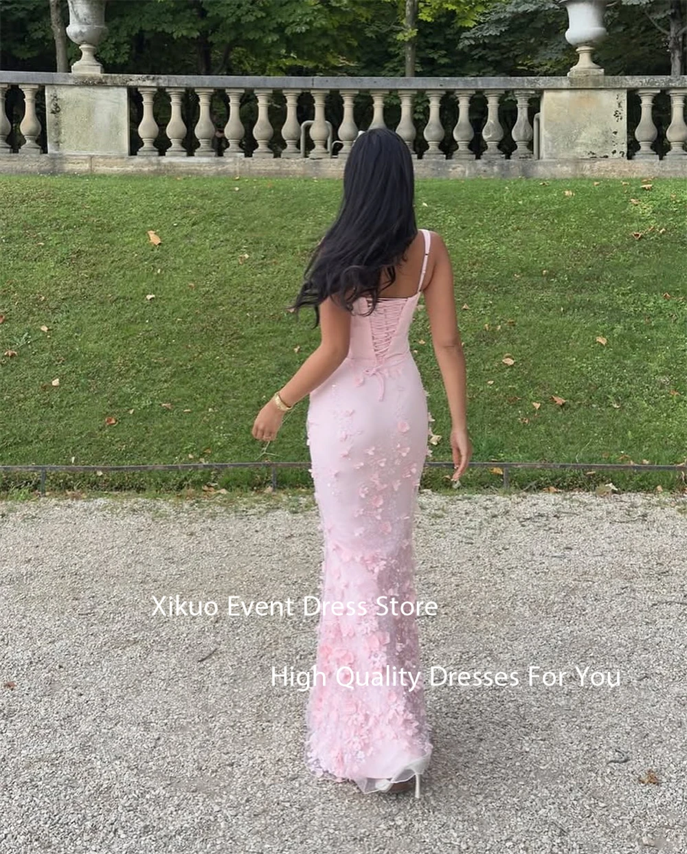 Xikuo Fairy Pink Satin Evening Gowns Long Mermaid Robe Cocktail Femmes 3D Flowers Spaghetti Strap Party Prom Dresses Customized