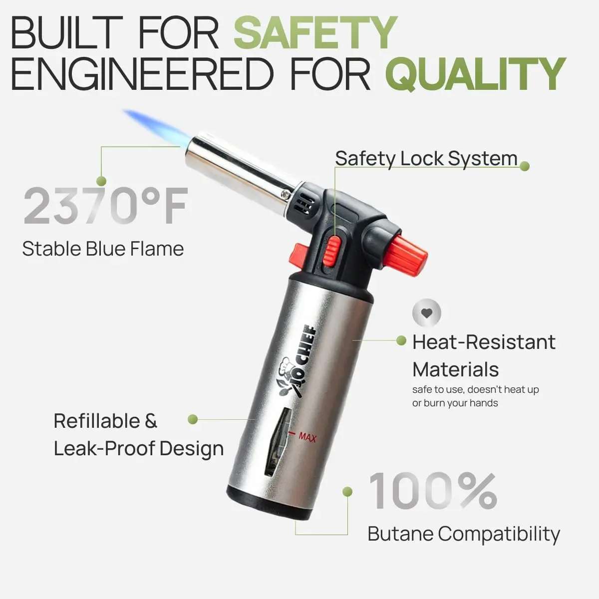 Refillable Butane Kitchen Torch with Adjustable Flame and Safety Lock, Includes 2 Cans for Cooking and Soldering