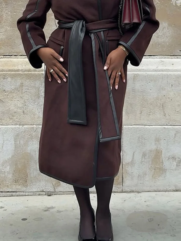 

Контрастное шерстяное длинное пальто, женское пальто с контрастным поясом на талии, широкий воротник с лацканами, боковая накидка, пальто 2025 г., женская повседневная уличная одежда