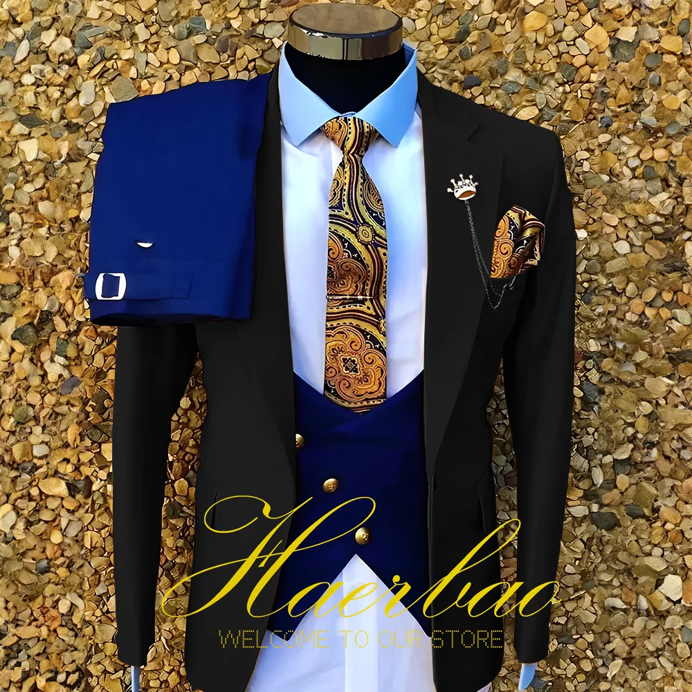 Traje de boda para novio para hombre, abrigo amarillo con chaleco azul, pantalones ajustados, traje Formal de 3 piezas, traje de fiesta hecho a