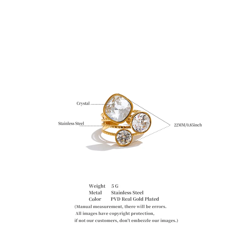 Yhpup Neuheiten, mehrfarbiger, quadratischer, runder, verstellbarer Ring mit Kristallen für Damen, 18 Karat Goldfarbe, PVD-beschichtet, glänzend, beliebter Schmuck – Detail 1