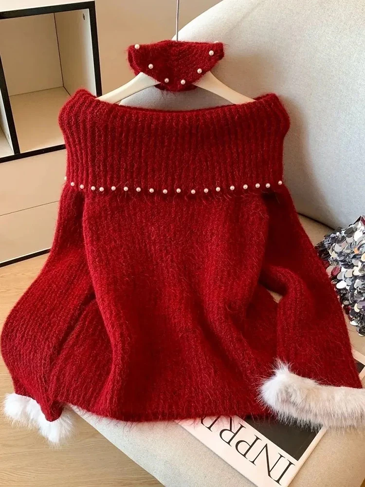 

Sweet Slash Neck Knit Sweater Women Hairy Long Sleeve Kawaii Beading Pullovers Autumn Winter Off Shoulder Chic Hair Tie Jumpers