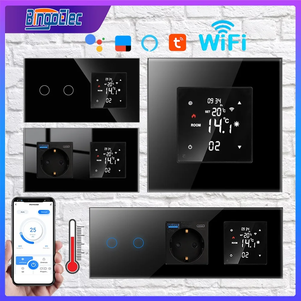 WIFI Smart Thermostat with Light Switch and LCD Touch Screen,Wall Socket with Thermostats Electric Floor Heating Smart Home