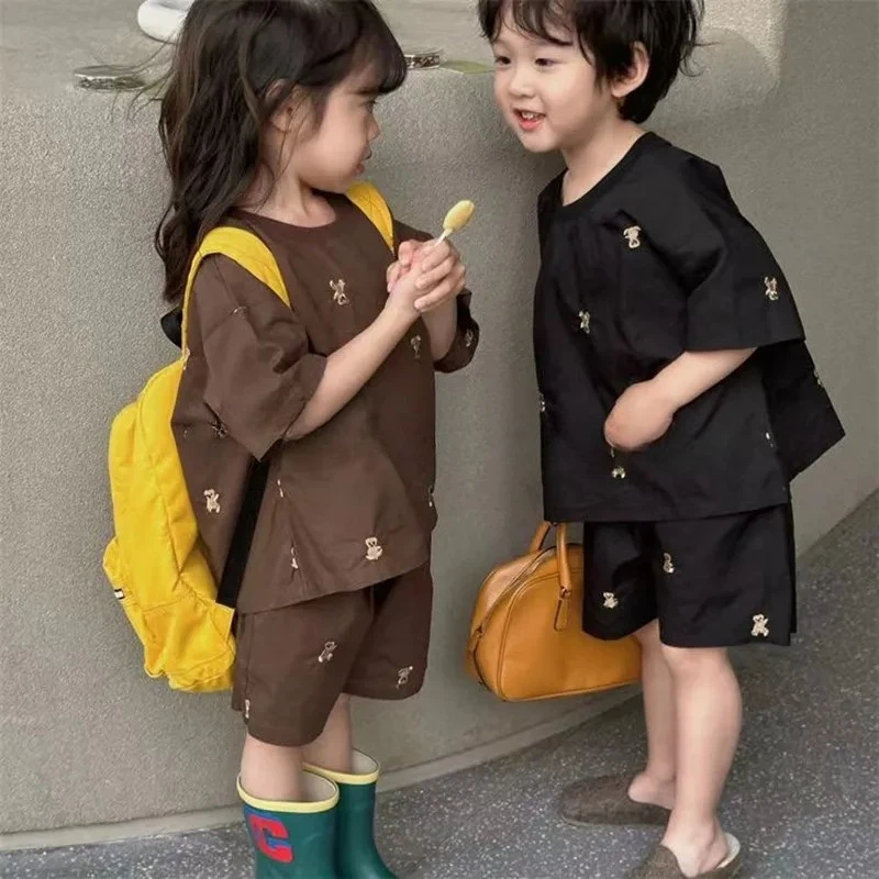 

Childrens Clothing Summer Set 2025 New Boys And Girls Baby Bear Embroidery Short Sleeve T-shirt Short Pants Two Piece Set