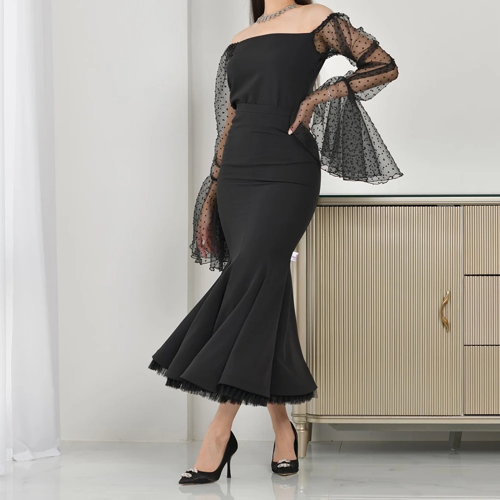 Customized Jersey Mermaid Off the Shoulder Flare sleeves Evening Dress Strapless Ankle Length Long Sleeves Black Fashion