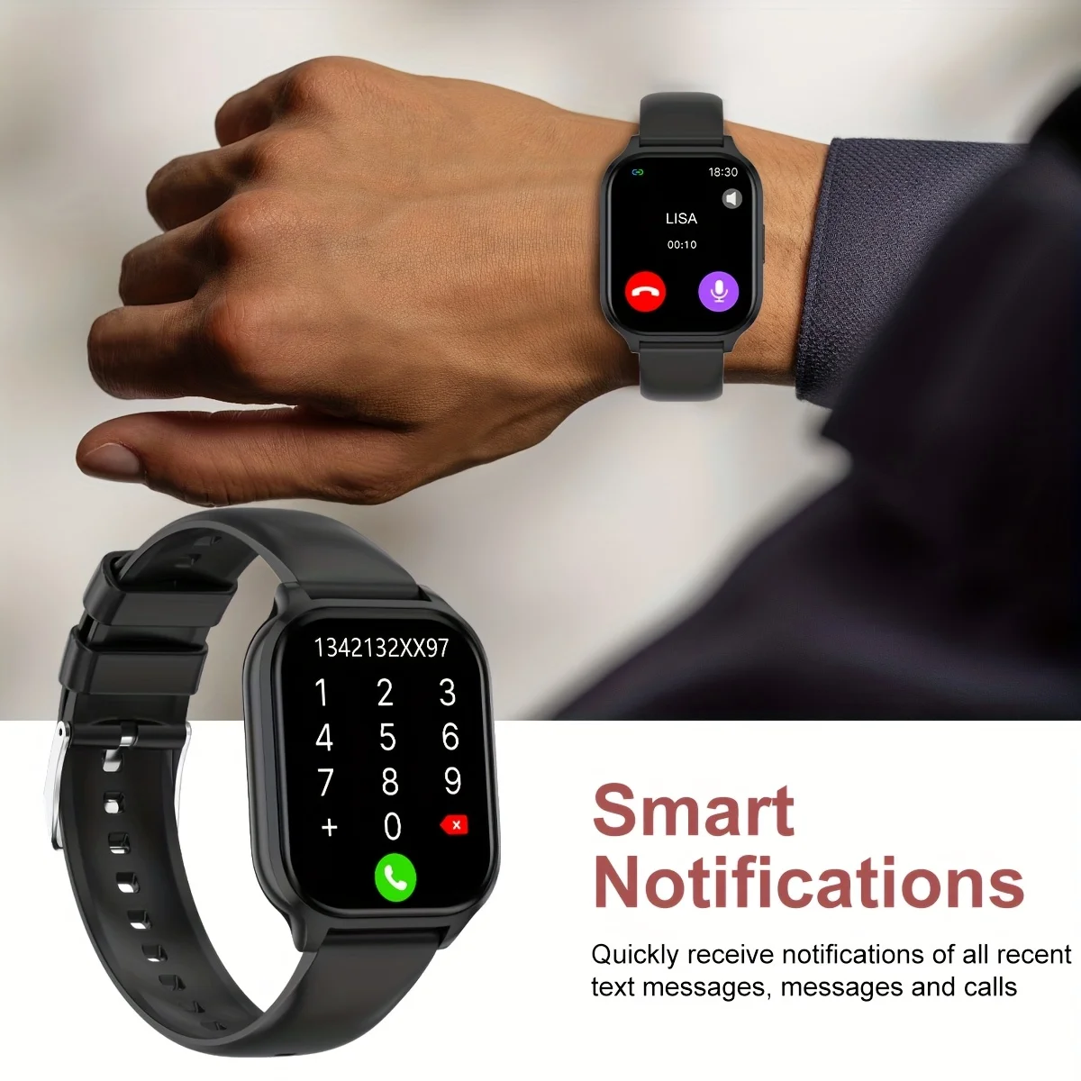 Smartwatch con Schermo Quadrato Touch da 2,01 Pollici, Chiamate, Contapassi, Contacalorie, Ricarica USB, Sveglia per iPhone e Android