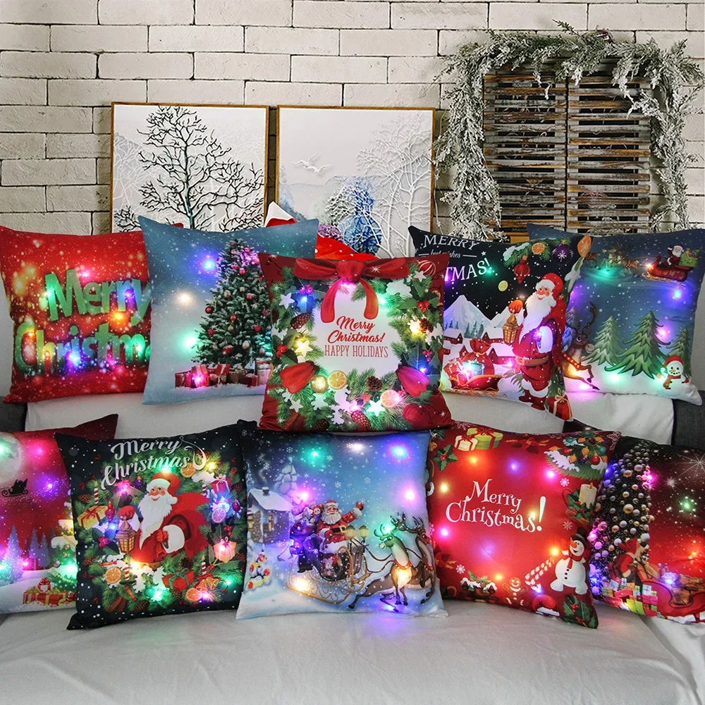 LED Light Cushion Cover Merry Christmas Decoration 2023 Throw Pillow Home Square Pillowcase Sofa Cushion New Year Pillow Cover