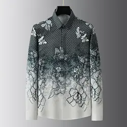 Autumn Classic Polka Dot Floral Print Shirt Men Long Sleeve Casual Shirts High Quality Business Social Banquet Formal Shirts