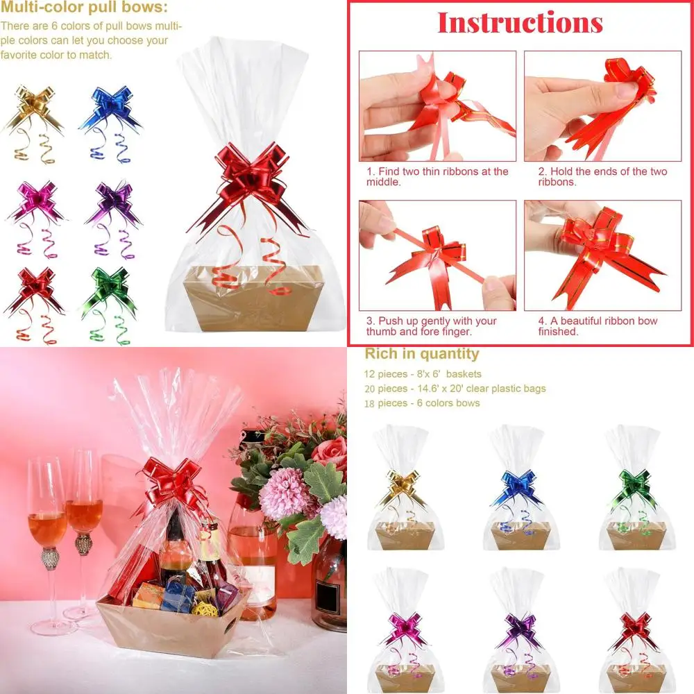 

50 Pcs Empty Gift Basket Set 12 Pcs Basket for Gifts Empty Kraft Market Tray with Handles, 18 Bags, and 20 Multicolor Bows for C