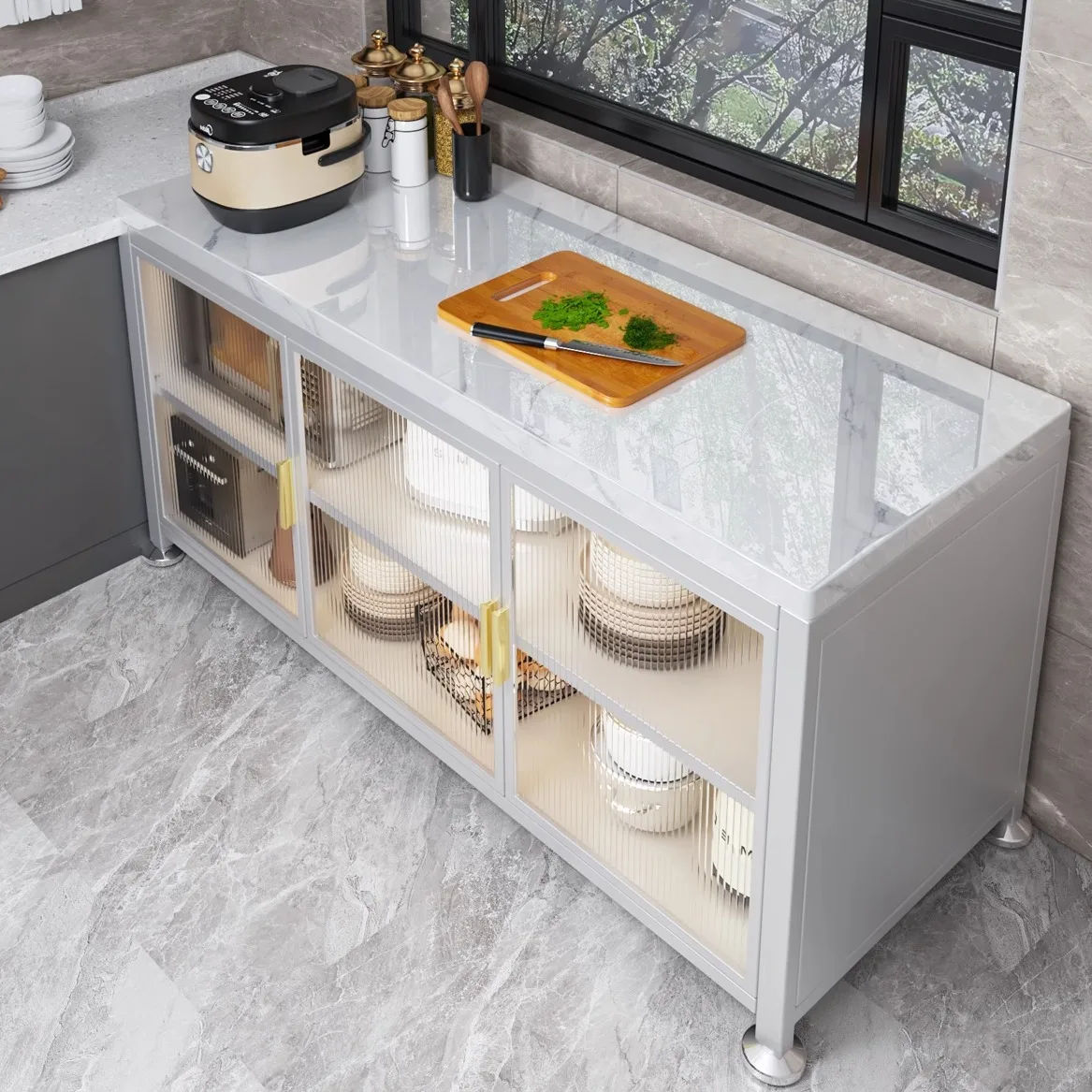 رف مطبخ جديد من الأرض إلى السقف، خزانة تخزين بلاطة صخرية متعددة الطبقات، فرن ميكروويف متعدد الوظائف يمكن قطع الخضار #1