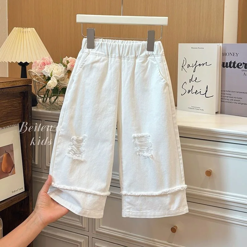 Spring and Autumn Girls' Casual Pants Baby Children's Edge Ripped White Wide Leg Pants solid pants casual