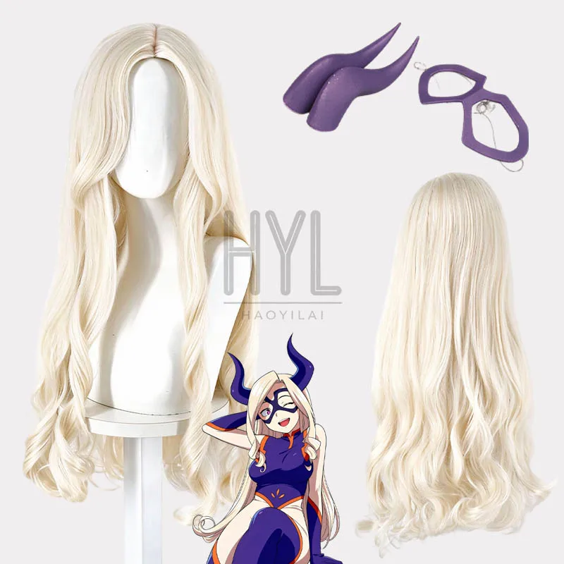 Anime Yu Takeyama Mt. Lady Cosplay Wig Yellow Long Synthetic Hair Horn Glasses For Women Men Halloween Carnival Party Props