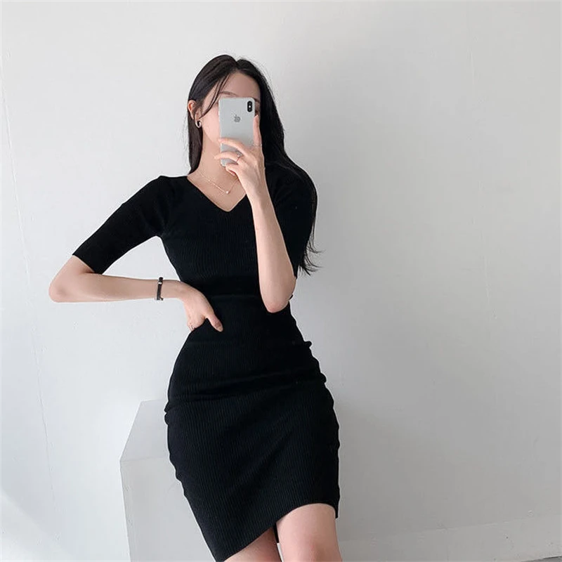 2024 Korean Fashion Woman Vintage Clothes Spring Casual Women\'s Dresses Knitted Short Sleeve Vestidos Elegantes Para Mujer Midi