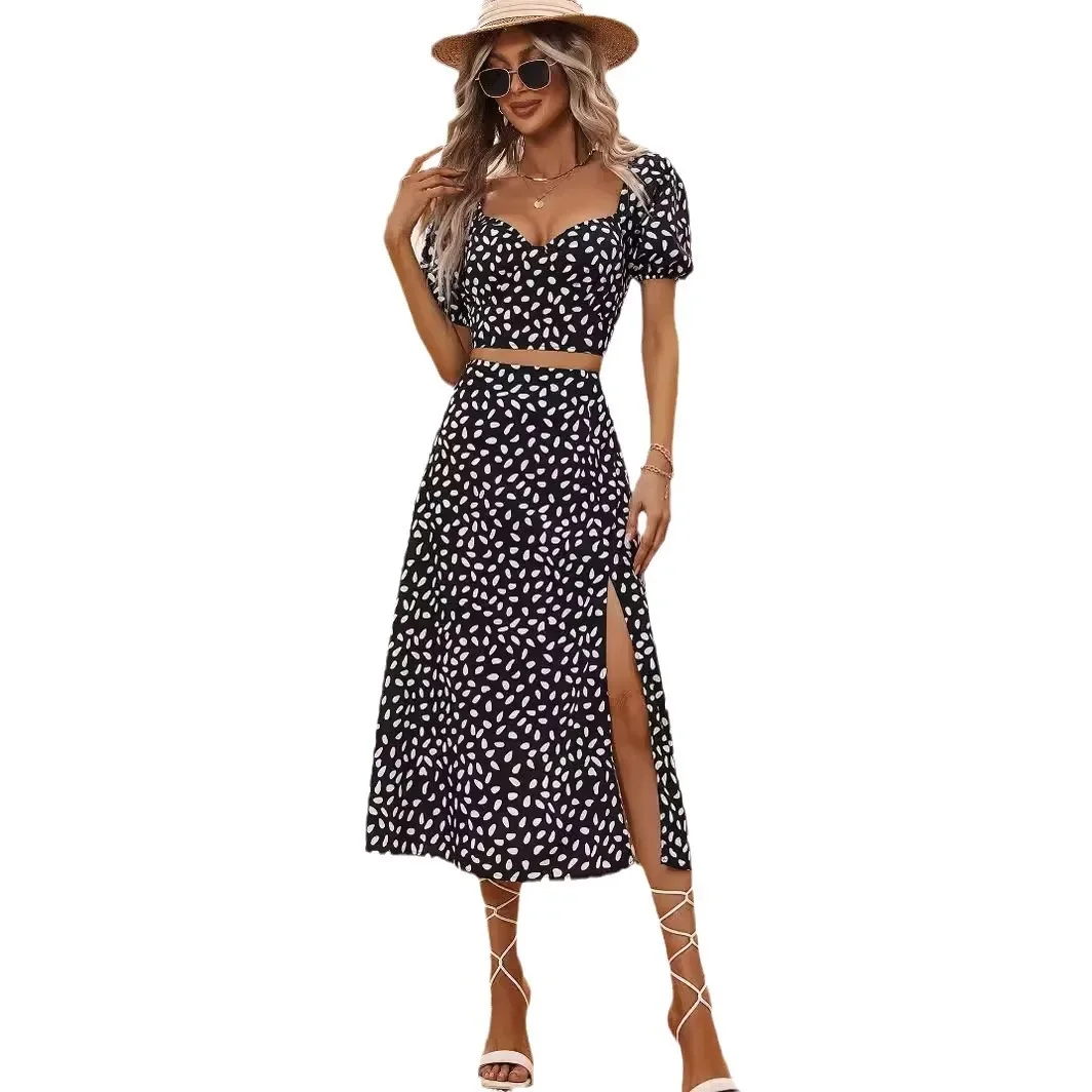 Summer Printed Two Piece Sets Womens Outifits Party Fashion V-neck Short Sleeve Tops and Long Slit Skirt Sets Womans Clothes