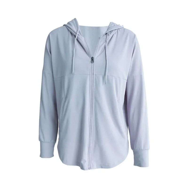 Veste de yoga à manches longues pour femme, cardigan de sport à capuche avec fermeture éclair, haut de fitness, crème solaire