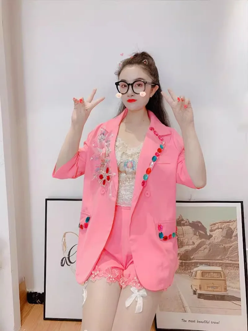 Fashion Suit Women's Summer New Heavy Industry Luxury Hand-Sewn Rhinestone Pink Short Sleeves Blazer Coat Shorts Two-Pieces Set