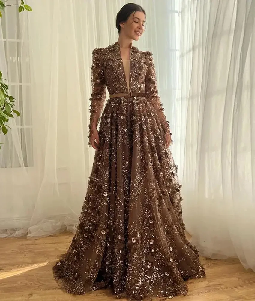 

Customized Exquisite Organza A-Line Sequined Crystal 3D Flowers Evening Dress Delicate Long Sleeves V-Neck Homecoming Gowns