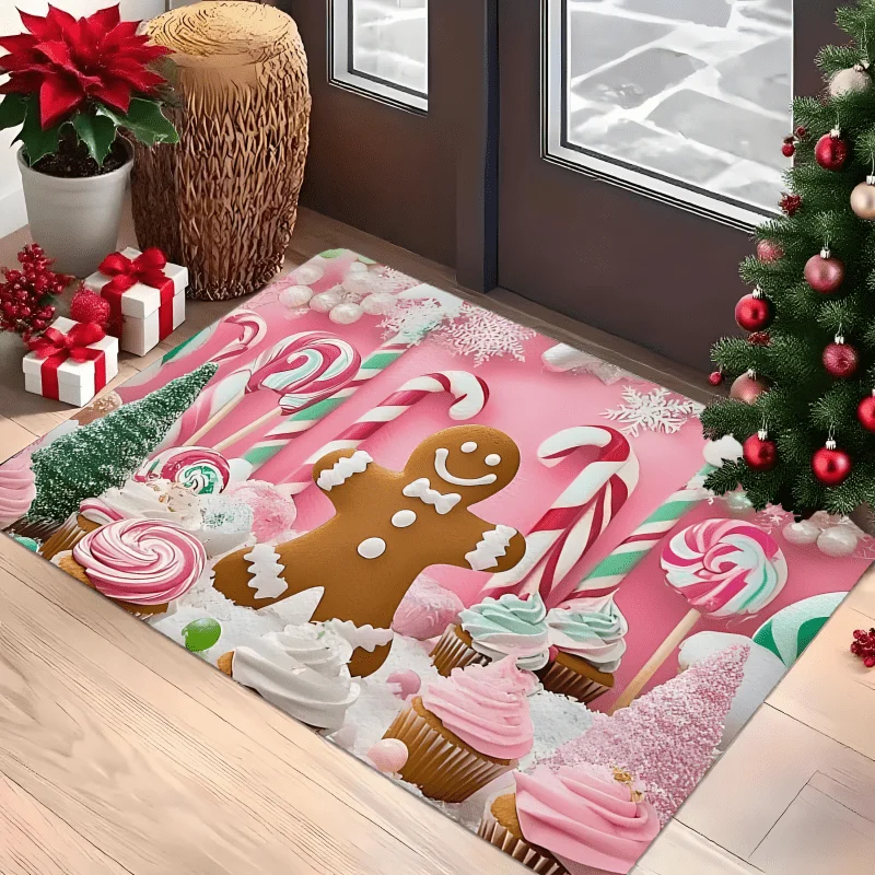 Pink Christmas Gingerbread Man Flannel Doormat Candy Cane Sweet Dessert Snowflake Anti‑Slip Home Entrance Holiday Decor Rug