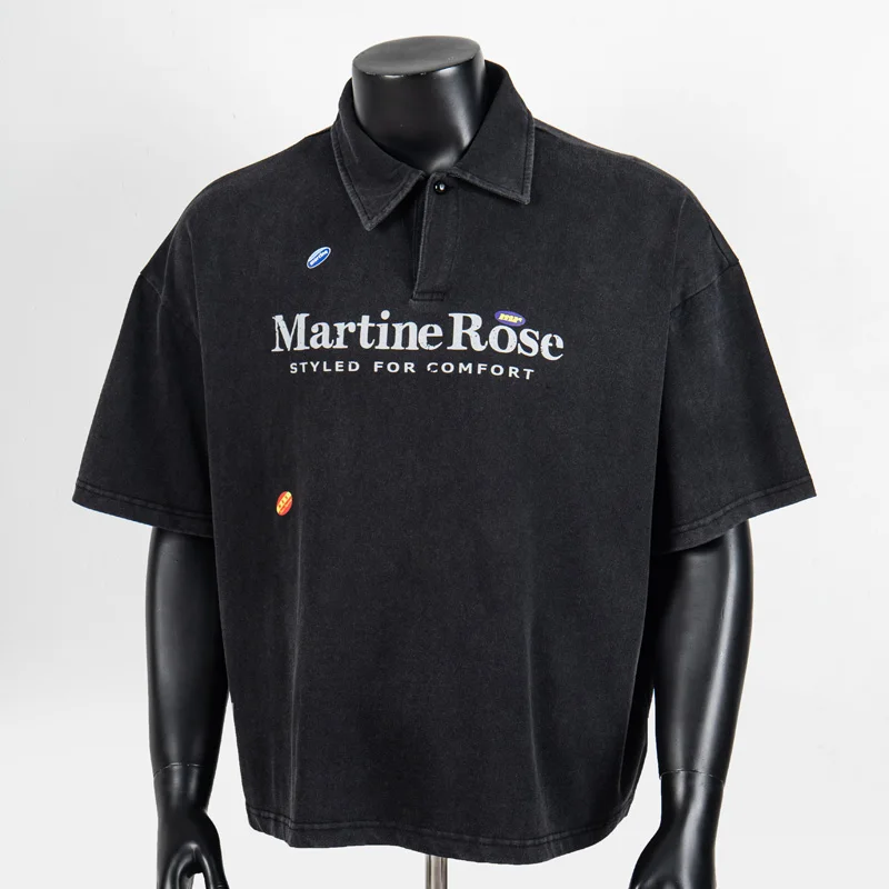 Pink Tag Black Martine Rose Badge Label Polo Shirt Lapel T Shirt Men Women Washed High Quality Loose Office Commuter Tops Tee