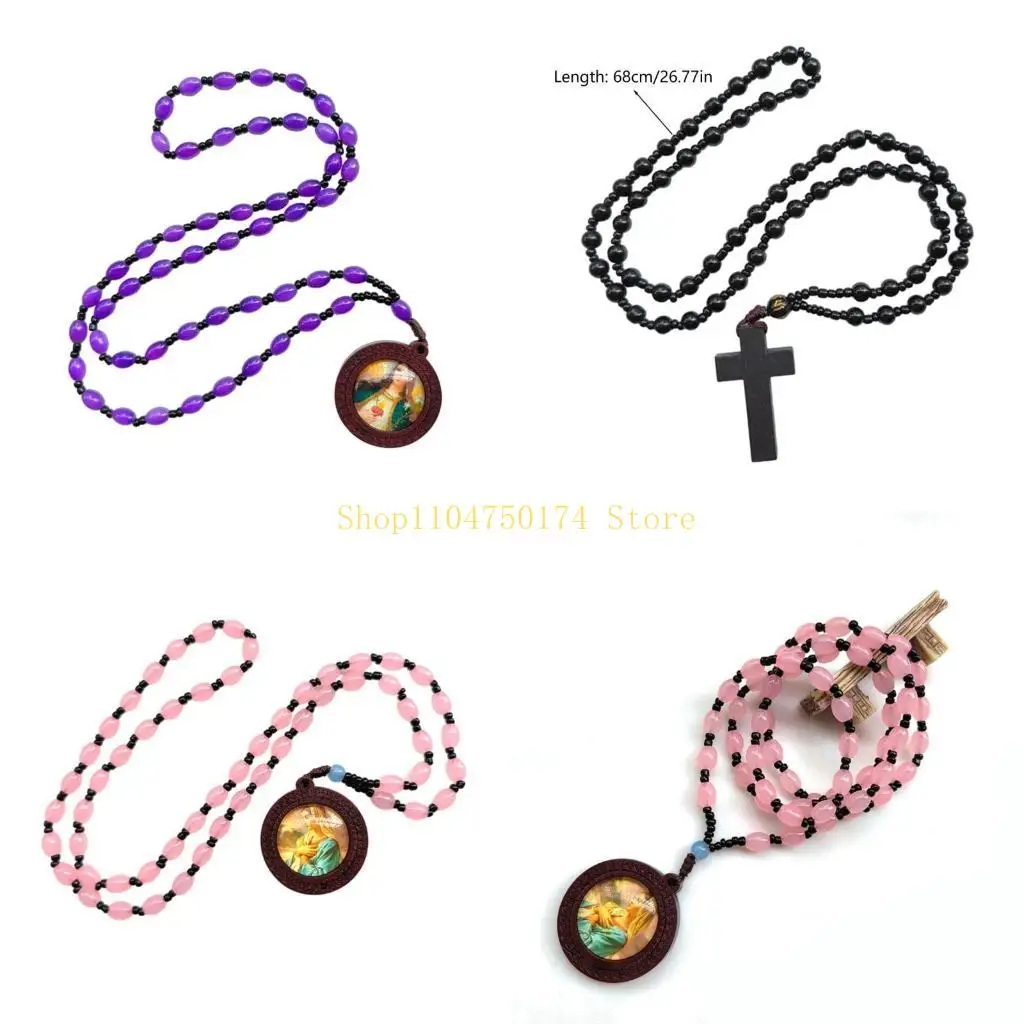 Christian Prayer Beads Necklace Handmade Rosary Necklaces With Glass Beads Pendant For Church Ceremonies top sale