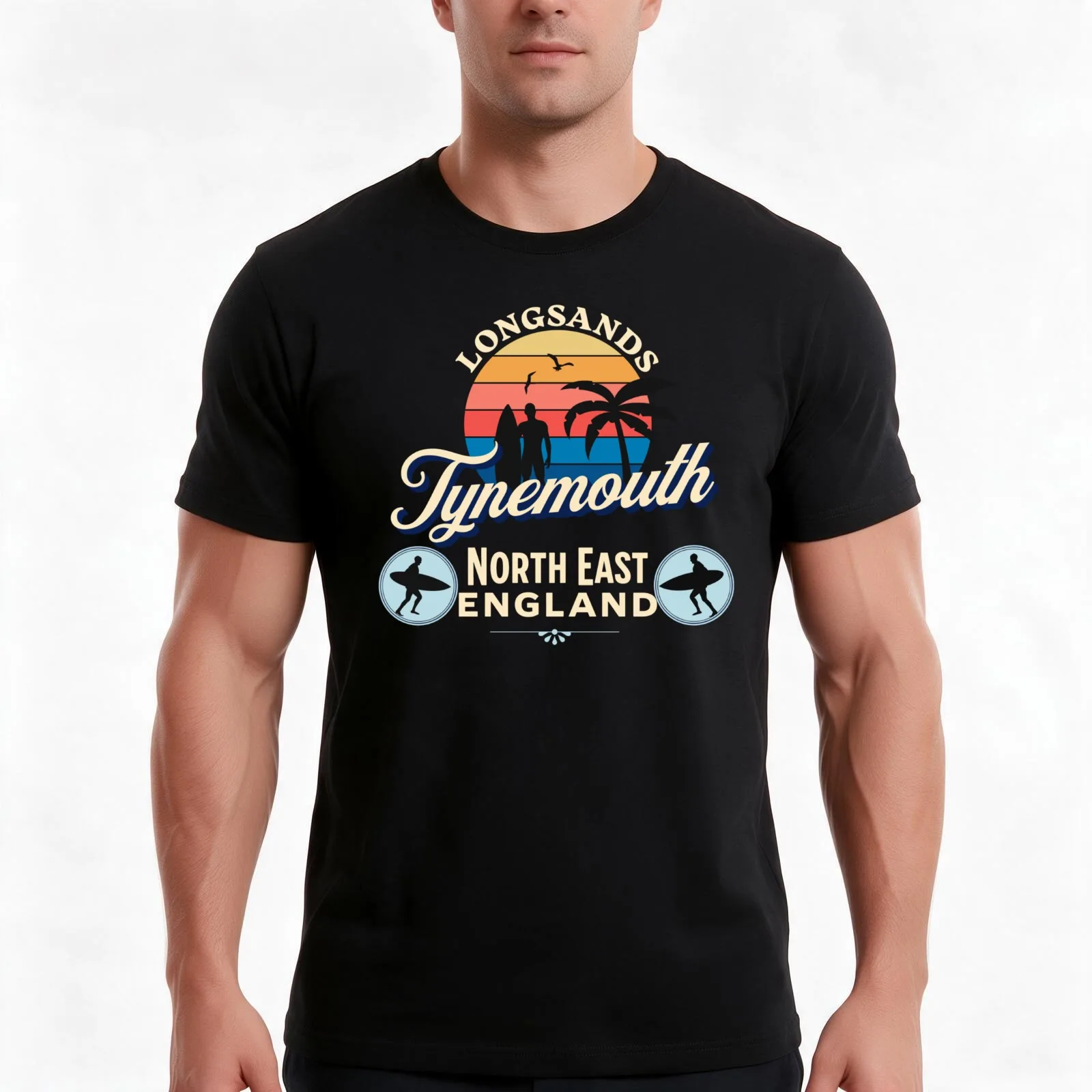 Longsands Tynemouth North East Sunset Surfer Palm Tree T-Shirt, Summer Casual Cotton Tee, Oversized Streetwear Tops, 100% Cotton