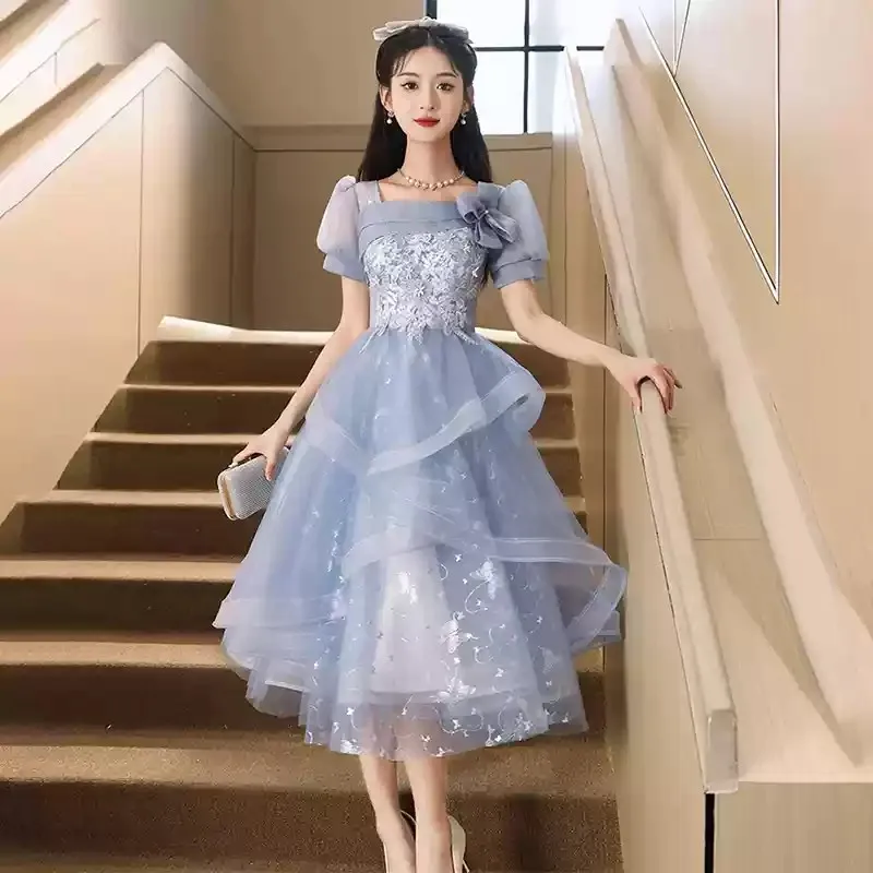 

Tea Length Prom Dress Blue Fancy Party Dresses Scoop Lace-up Back Draped Tulle with Applique Sequined Tulle Party Dress