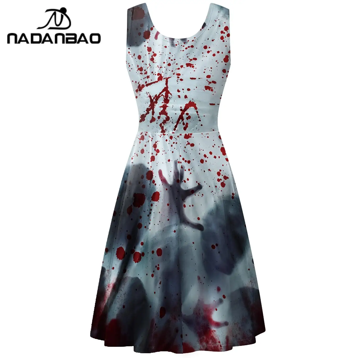 Nadanbao Women Halloween Dress Terror Blood Hand Print Sleeveless Dresses Summer Casual Party Clothes Elastic Ladies Outfit