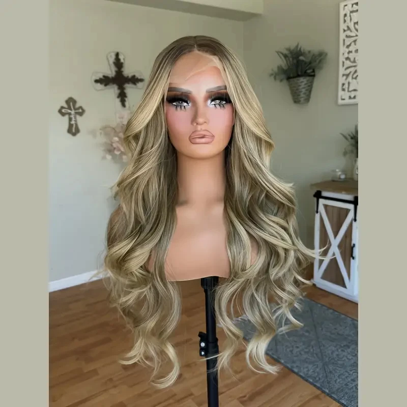 

Ombre Ash Blonde Brown Balayage Wig Natural Body Wave Synthetic HD Lace Frontal Wigs or Fashion Women Girls Party Vacation Used