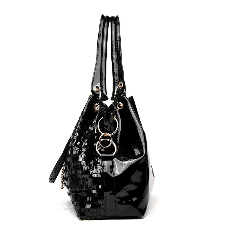 Black Patent Leather Bag Women Tassel Bright Sequin Large Capacity Handbag Lady Casual Hobo Crossbody Bag Sling Shoulder Purse