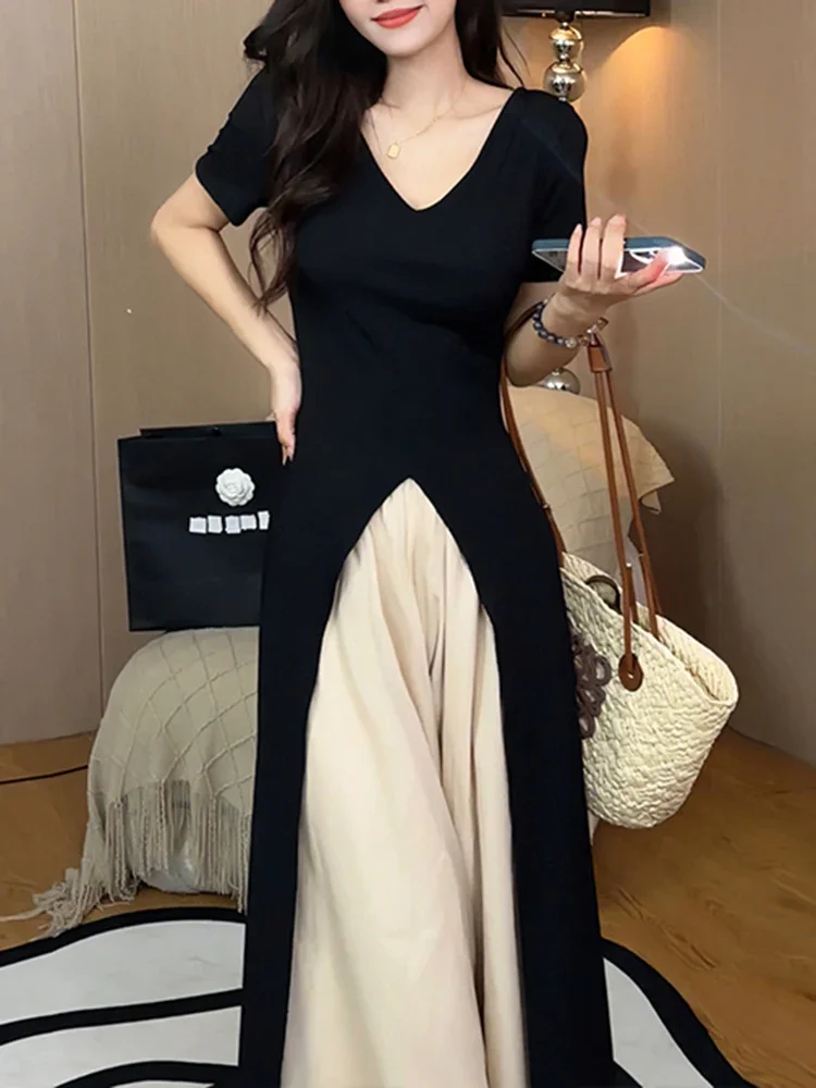 

New French Solid Color Slim Women T-Shirts Simple Basic Black Korean Top Female Summer Chicly Casual Loose Split Woman T-Shirts