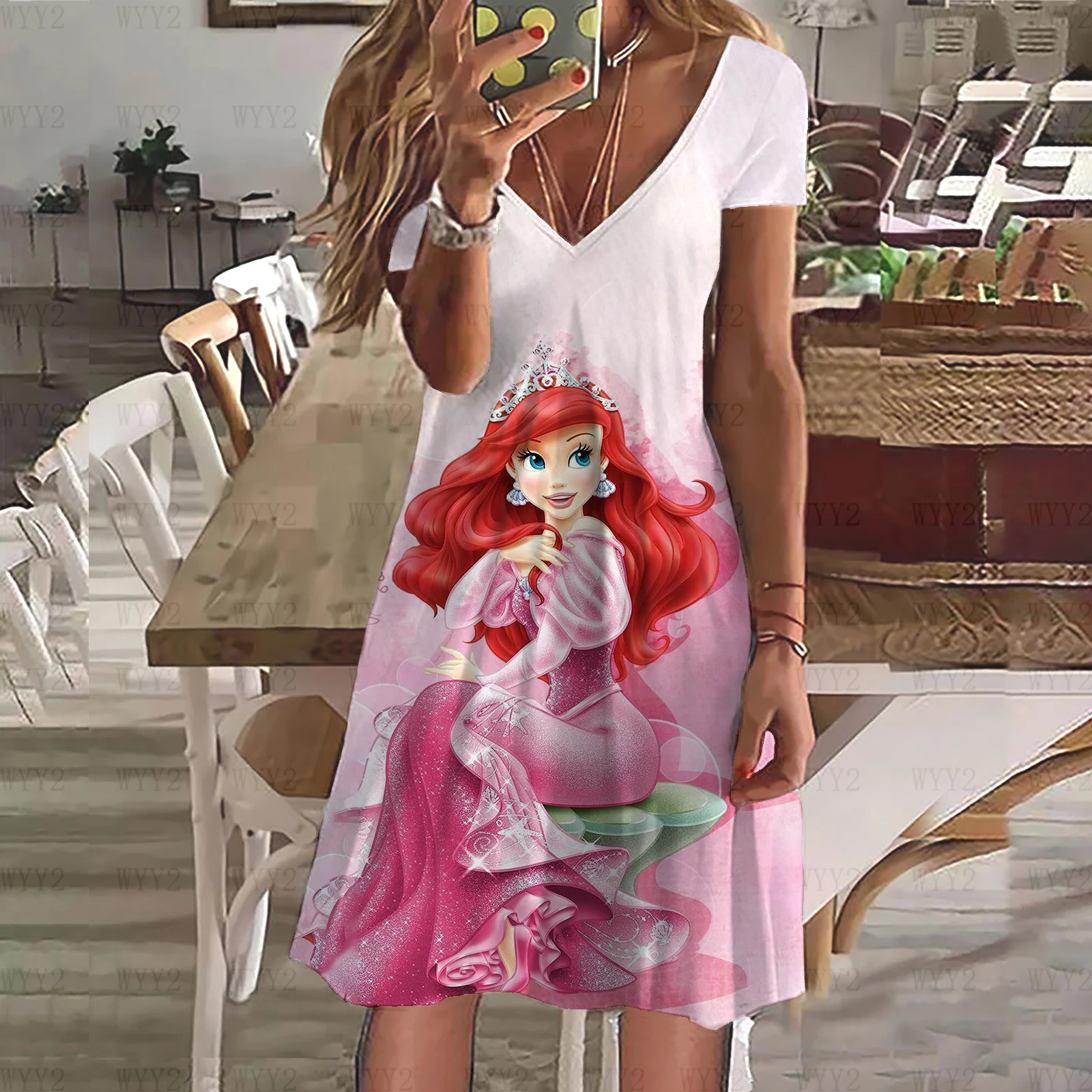 Women's Summer New Short Sleeve Dress Disney Princess Alice Printed Loose V-Neck Fashionable and Casual Dress