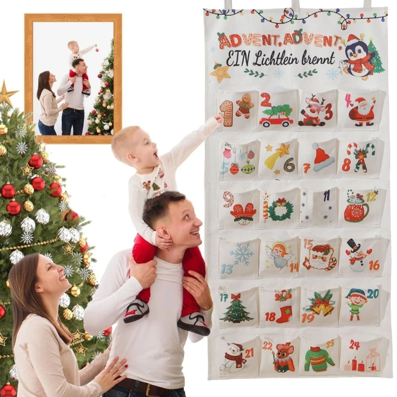 Calendário advento preenchível com 24 bolsos lona decoração suspensão parede