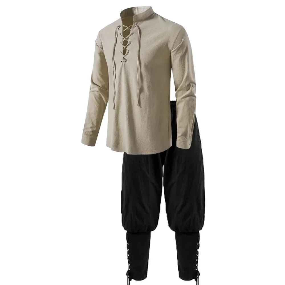 Camisa renacentista para hombre, top vikingo Medieval pirata, camisas de lino y algodón, disfraz de Halloween de manga larga para cosplay