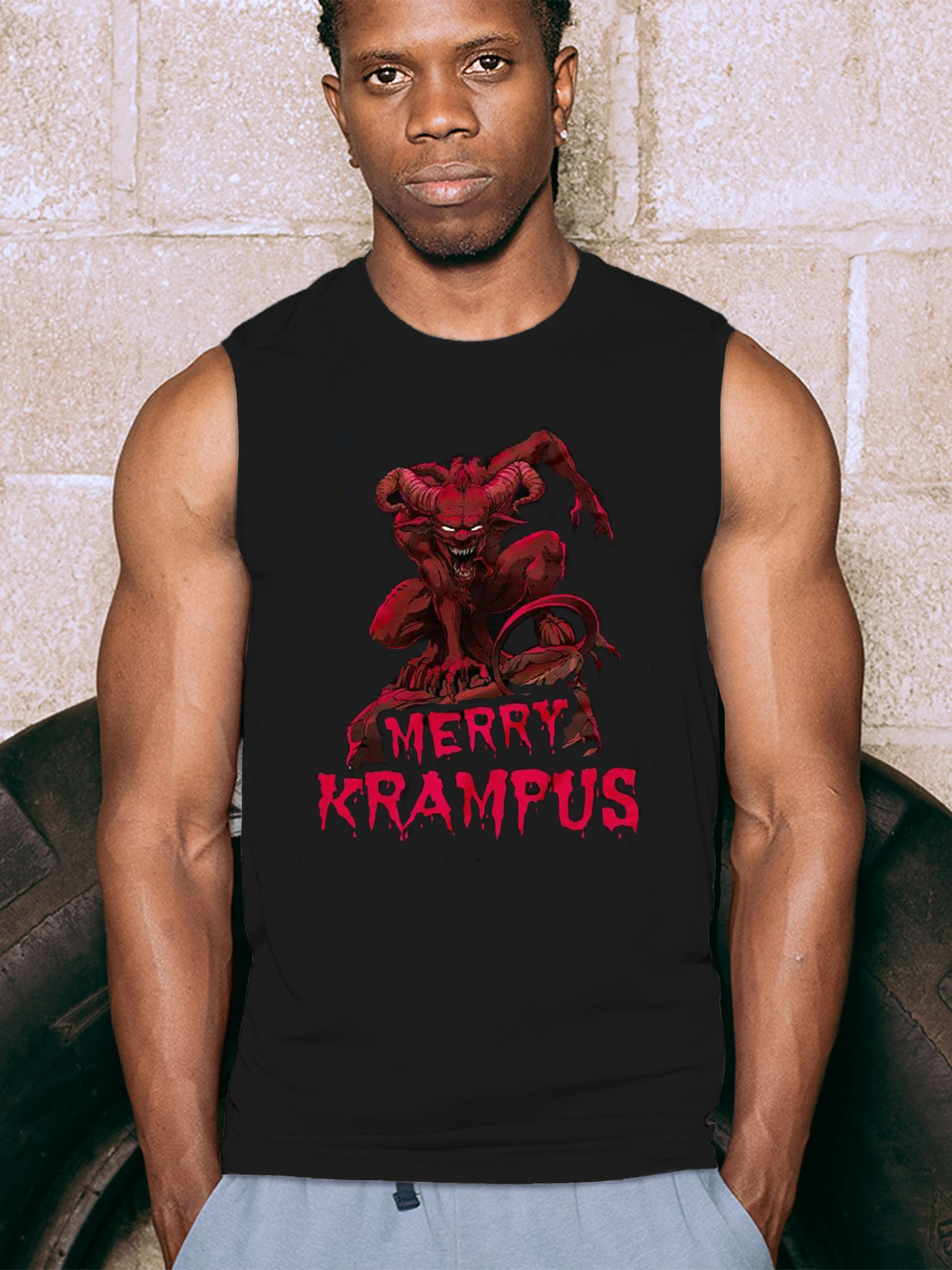 Retro Red Ink Merry Krampus Christmas Tank Top New 100% Cotton O-Neck Casual Mens Vests Sleeveless T-shirt Xmas Streetwear
