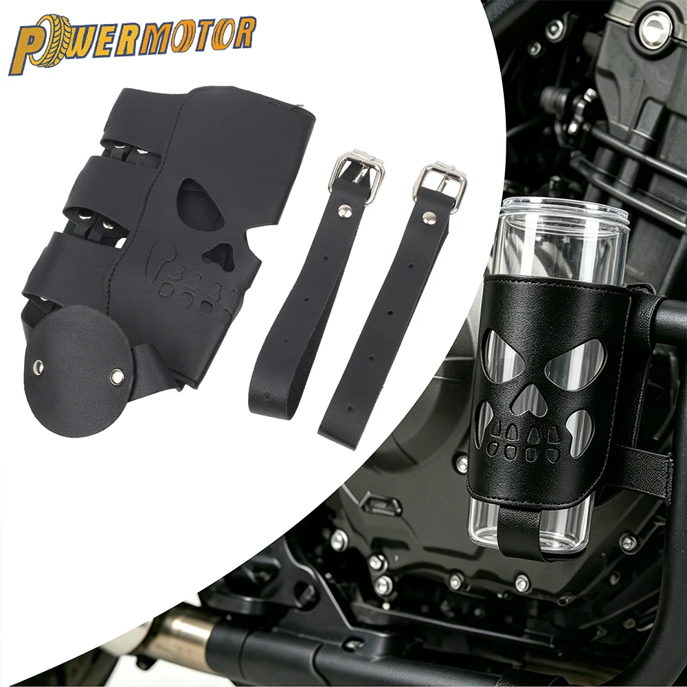 Motorcycle Universal Cup Holder Handlebar Drink Holders Leather Skull Shape Coffee Leather Stand Outdoor With Bottle Skull Parts